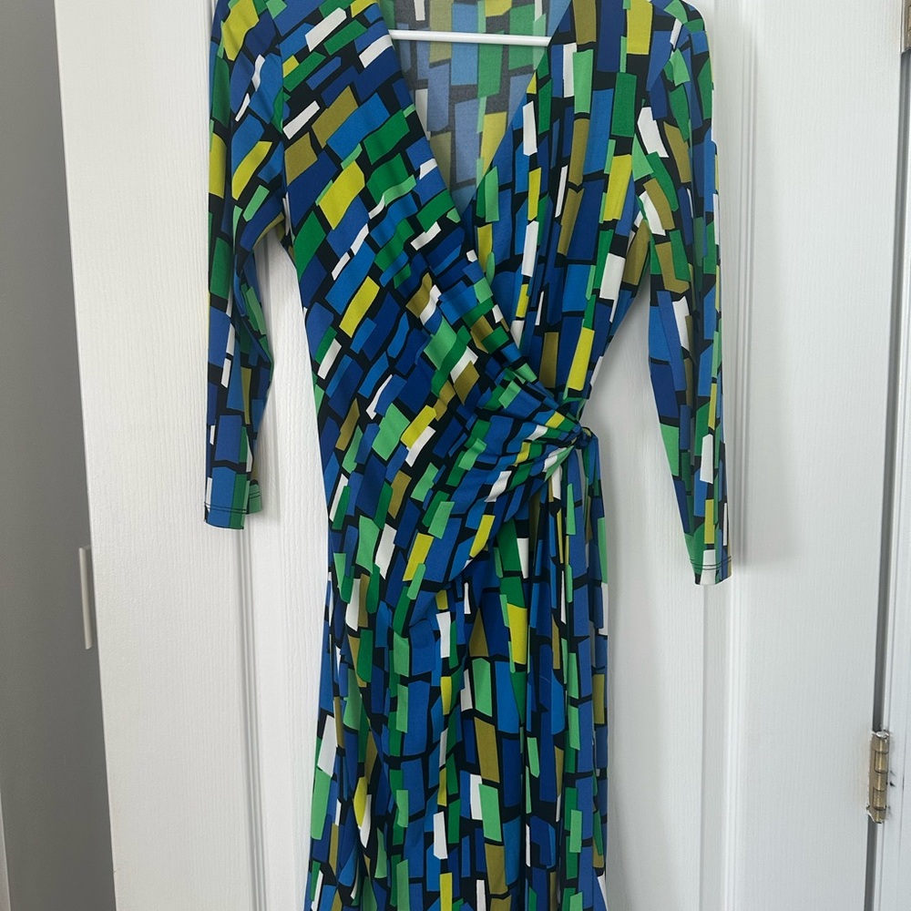 Nine West Blue Green Geometric Long Sleeve Dress